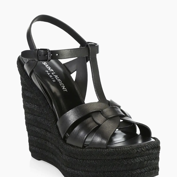 Saint Laurent Black Tribute Espadrille Wedge Sandals Size 37 - Picture 2 of 9